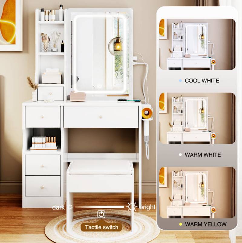 Chic Space-Saver Vanity Set with LED Mirror & Power Hub
