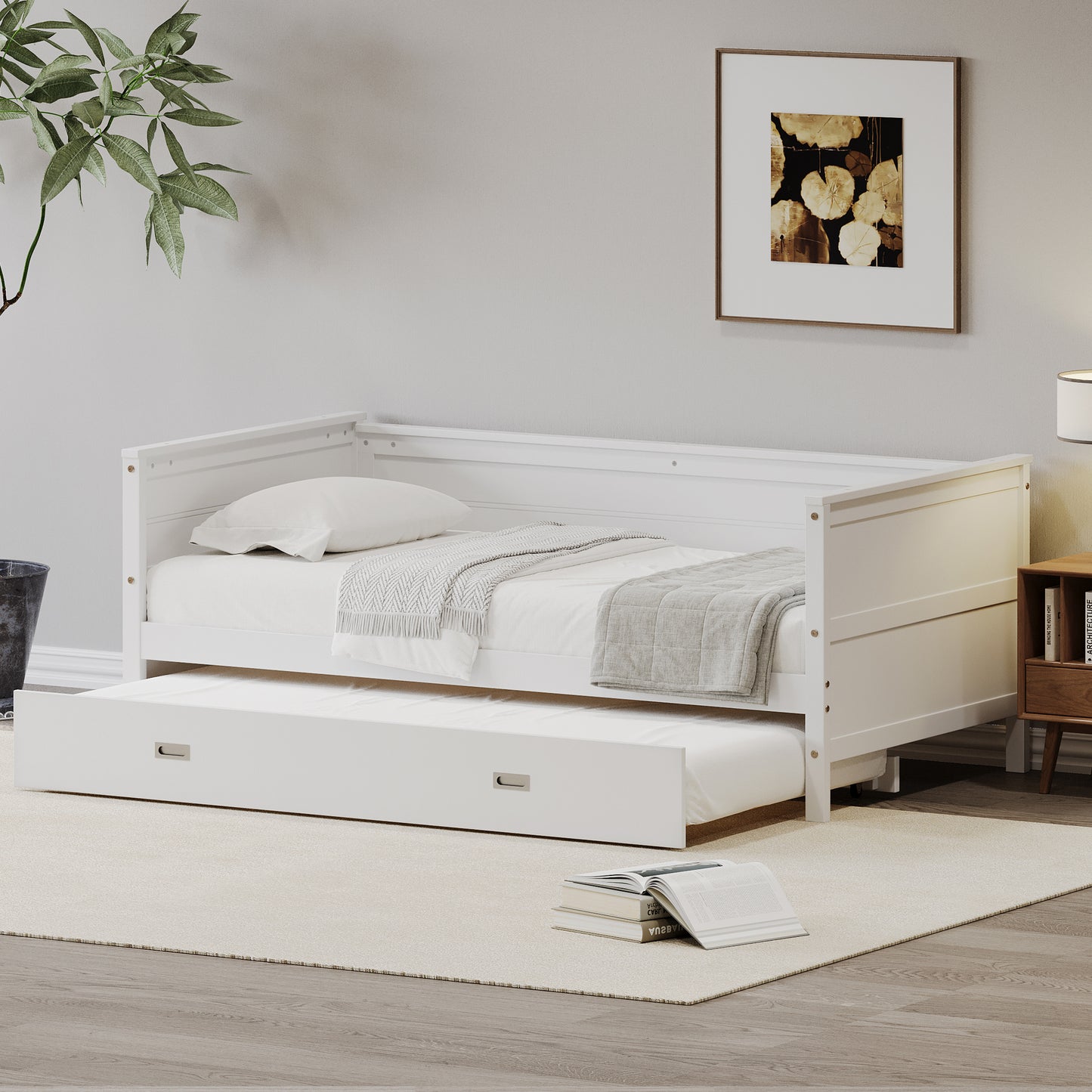 Space-Saving White Twin Daybed with Trundle for Kids & Teens