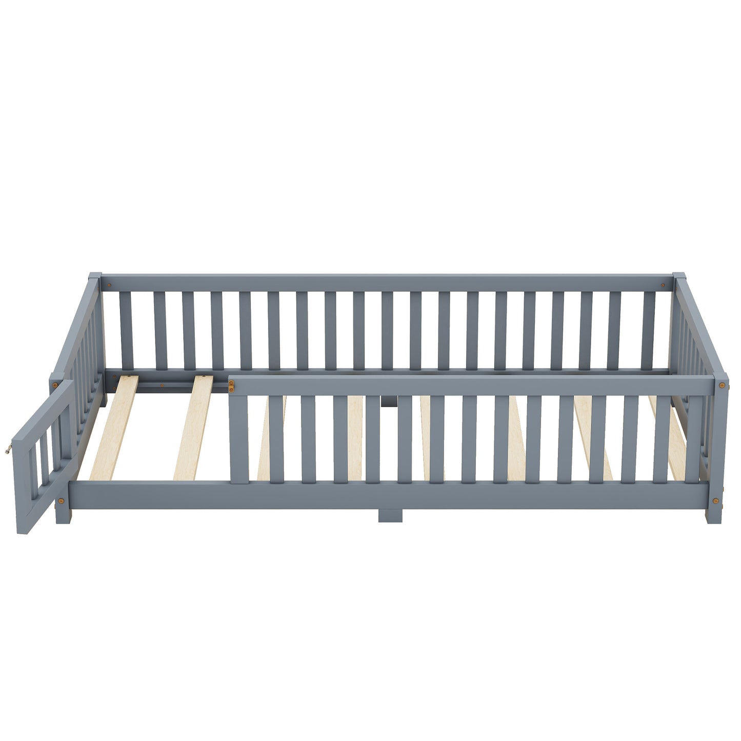 Cozy Kids' Twin Floor Bed with Safety Rails and Door - Gray