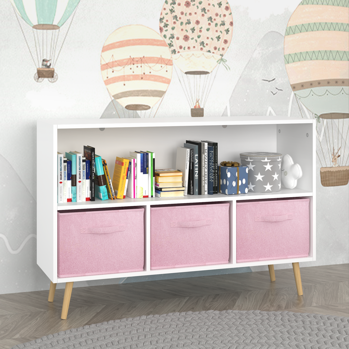 Whimsical Kids Bookcase with Fun Fabric Drawers