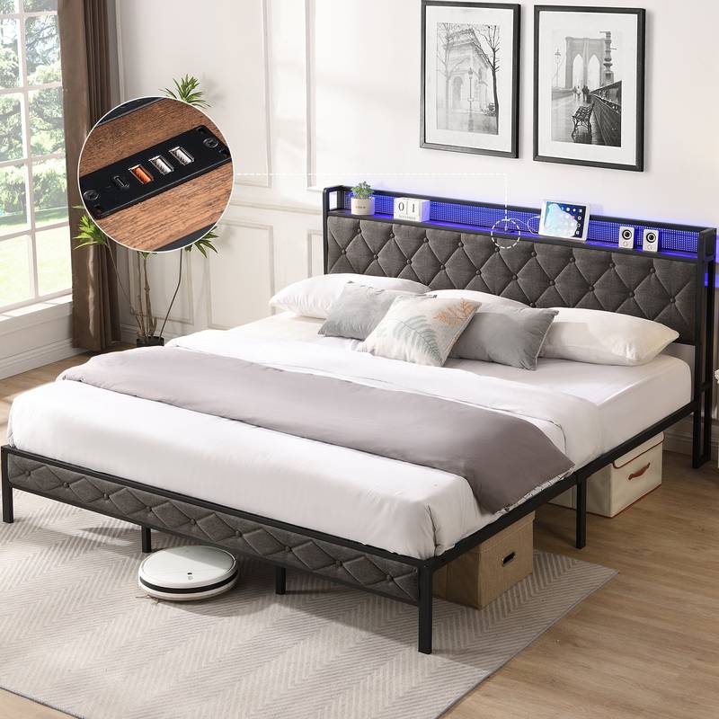 Sleek Storage Bed with LED Lights and Charging Station
