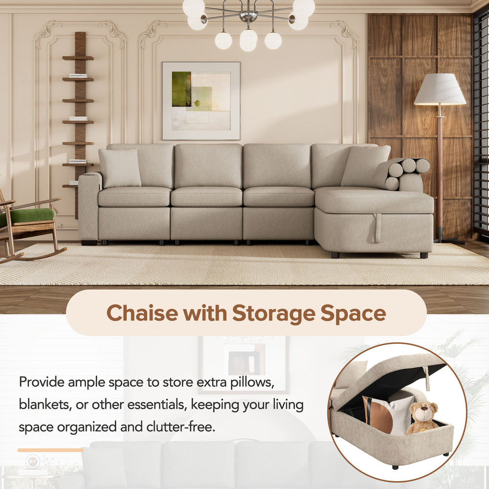 Cozy L-Shaped Sofa with Storage, Cup Holders, and USB Ports - Beige