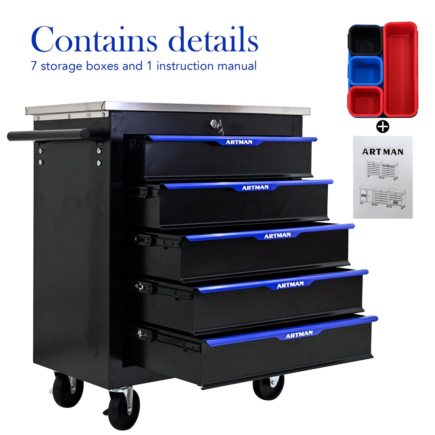 Rolling Tool Cart with 5 Drawers - Black & Blue