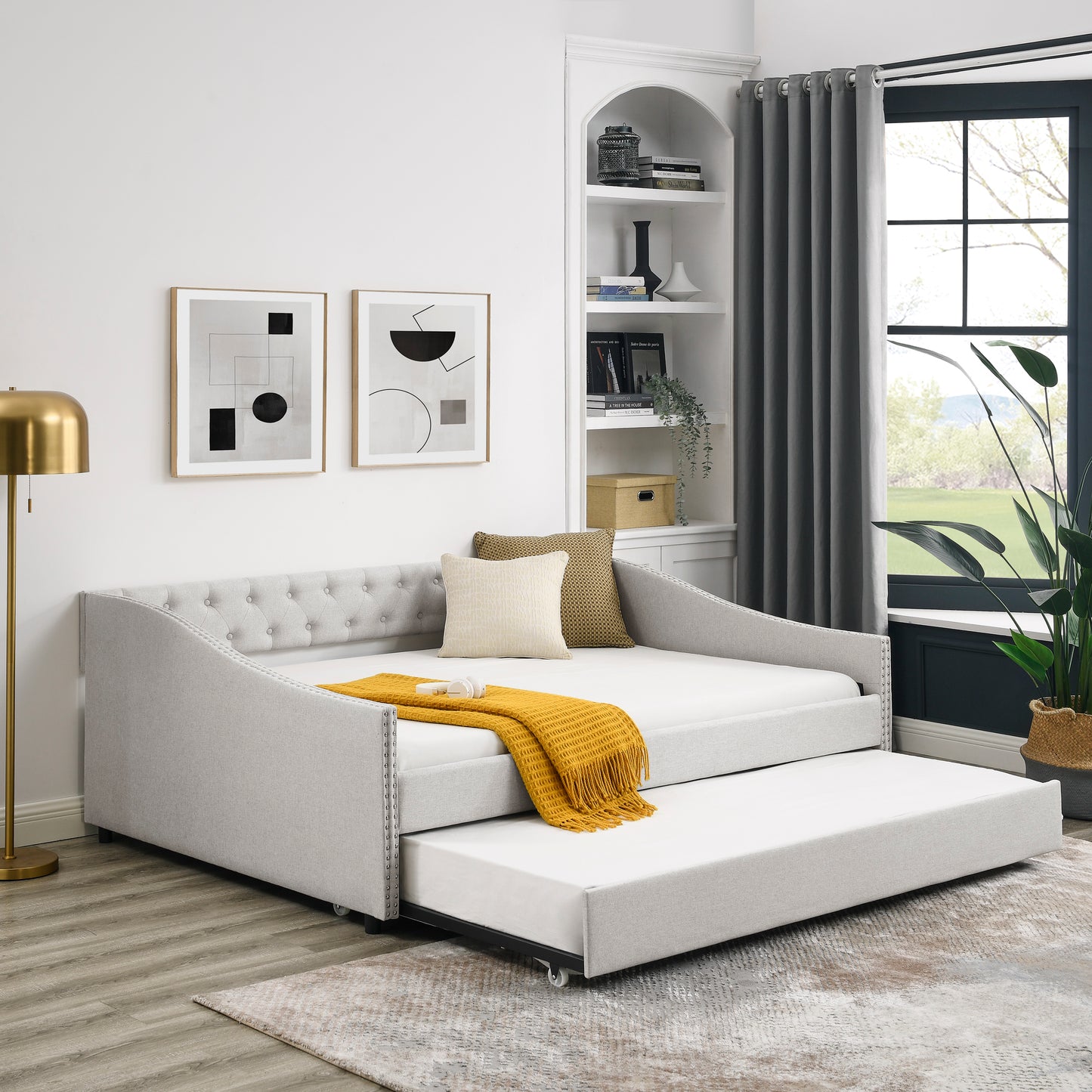 Cozy Chic Daybed with Hidden Trundle - Beige Tufted Sofa Bed