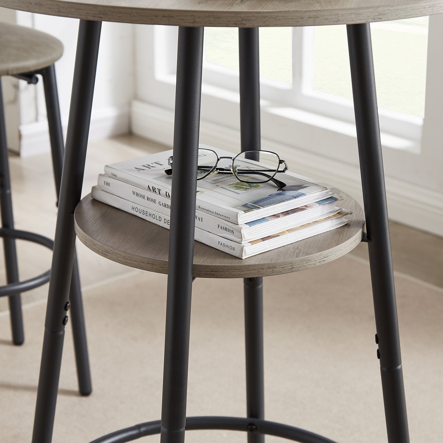 Cozy Grey Round Bar Stool Set with Backrest and Shelf