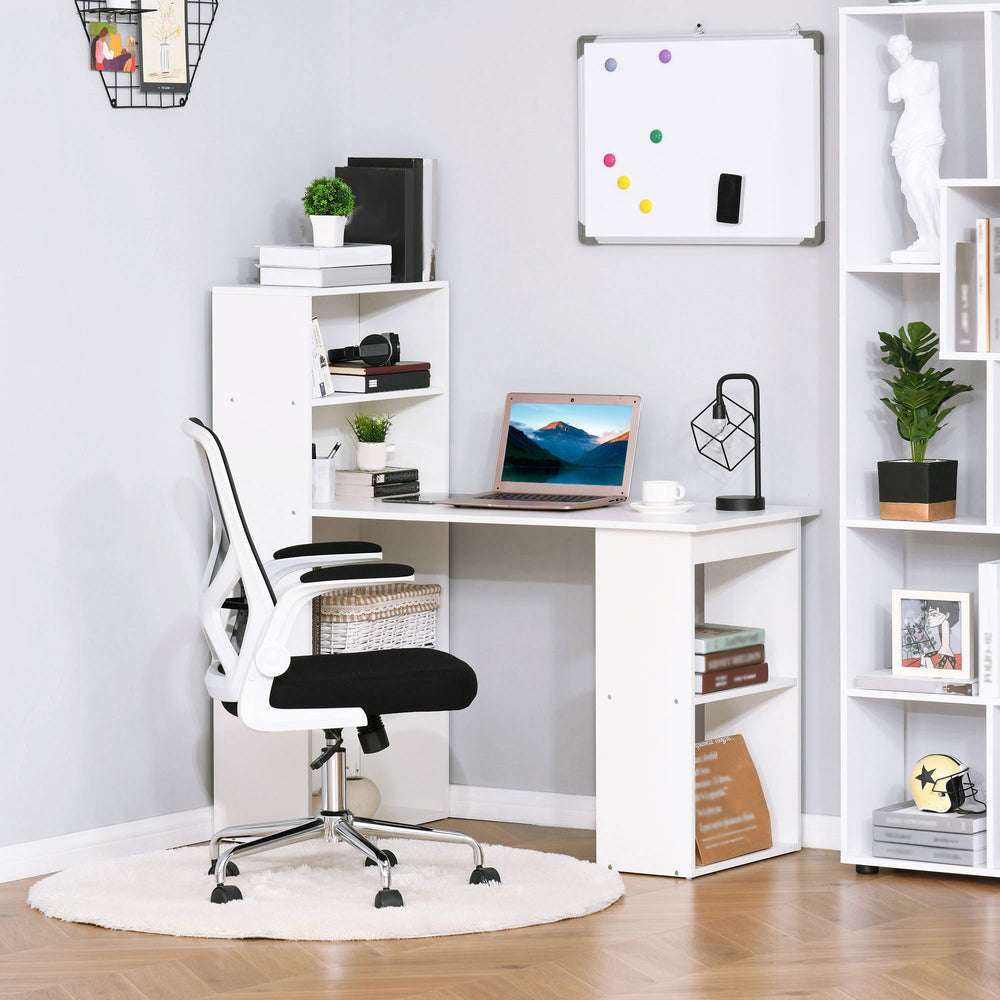 Sleek White Desk with 6-Tier Bookshelf