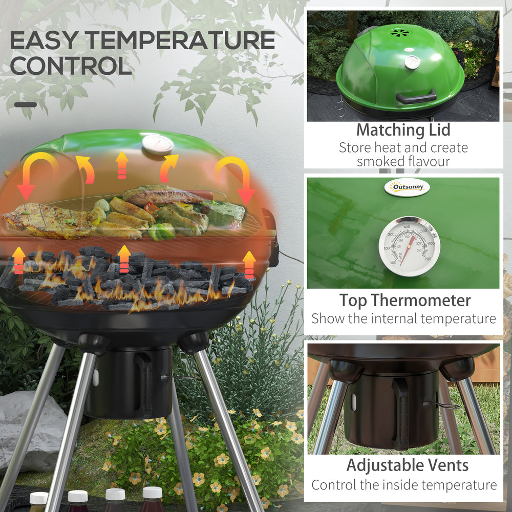 Green Kettle Charcoal BBQ Grill with Trolley & Thermometer