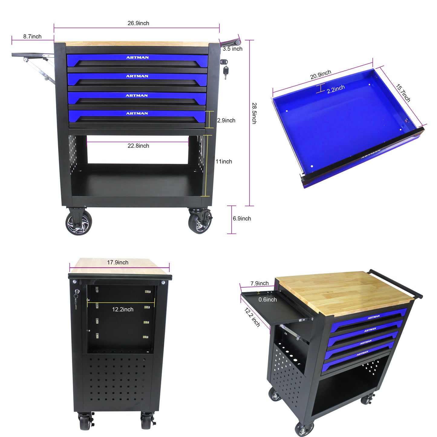 Blue Rolling Tool Cart with Wooden Top and 4 Drawers