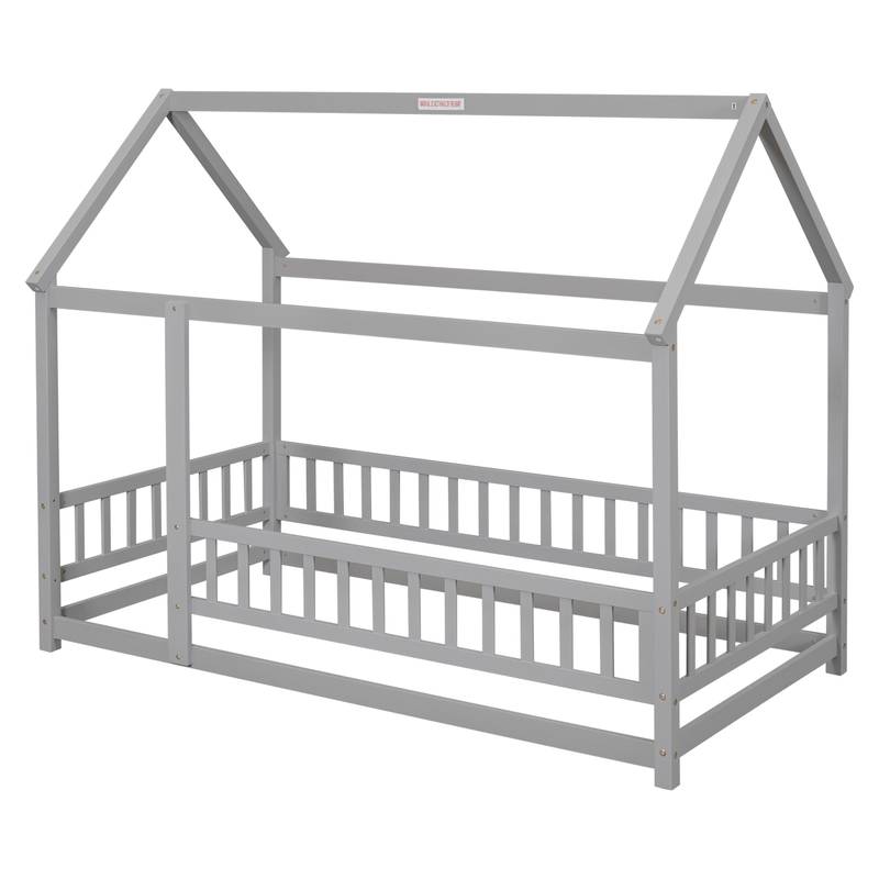 Cozy House-Style Twin Bed with Guardrails in Grey