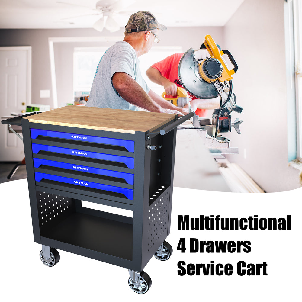 Blue Rolling Tool Cart with Wooden Top and 4 Drawers