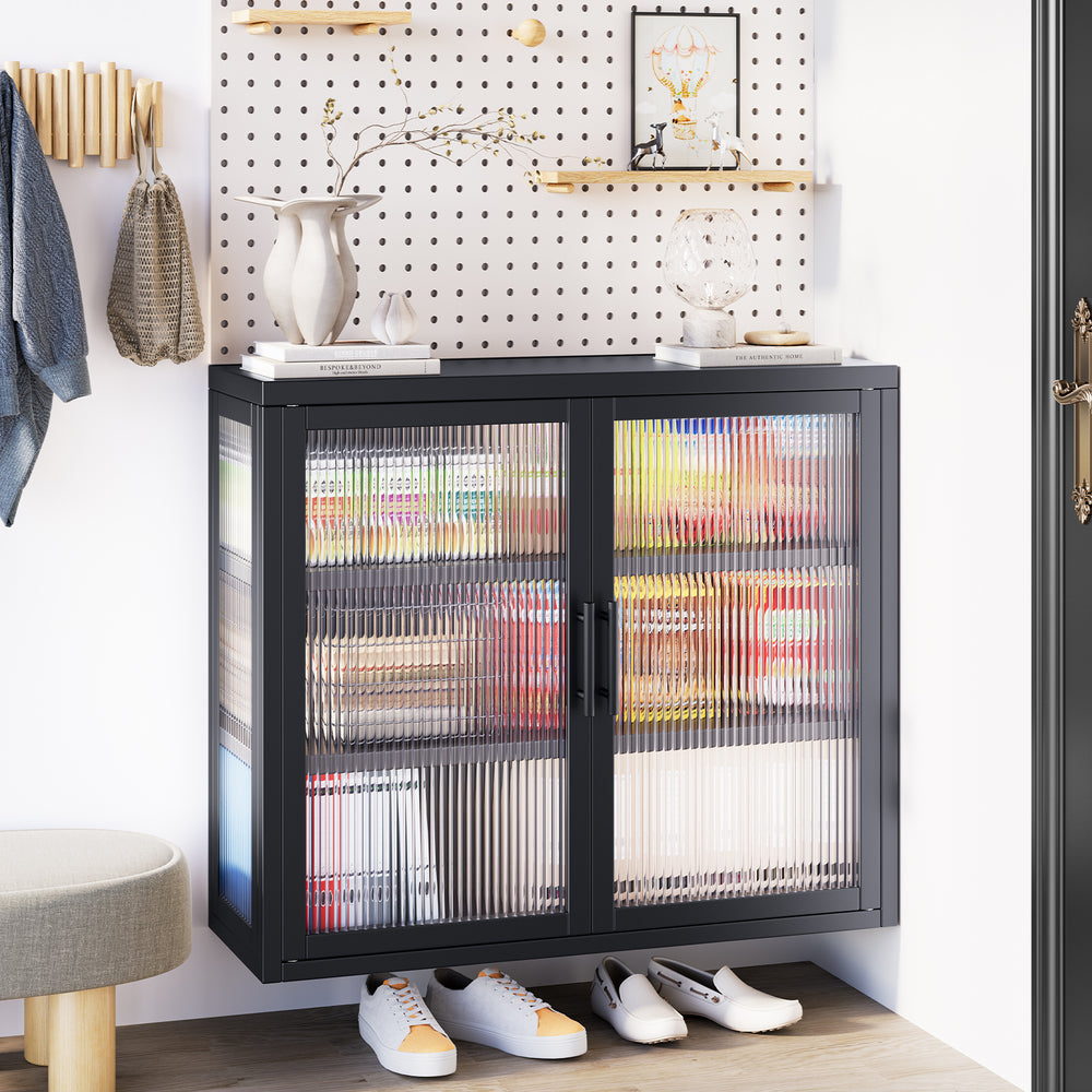 Chic Retro Wall Cabinet with Glass Doors and Shelves