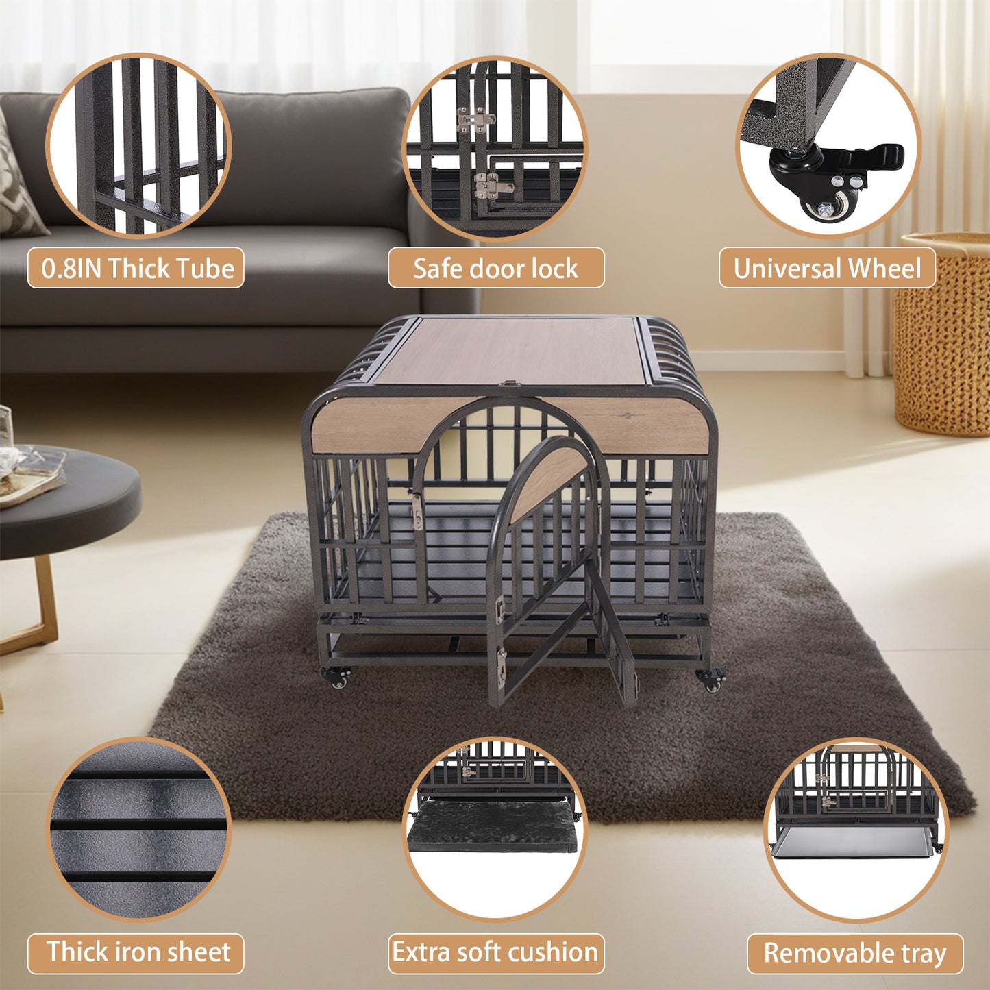 Stylish Heavy Duty Dog Crate with Wheels and Easy-Clean Trays