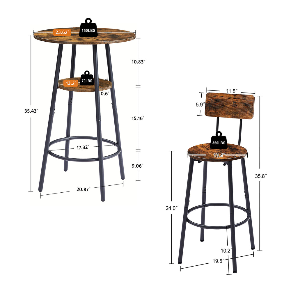 Rustic Round Bar Stool Set with Backrest and Shelves