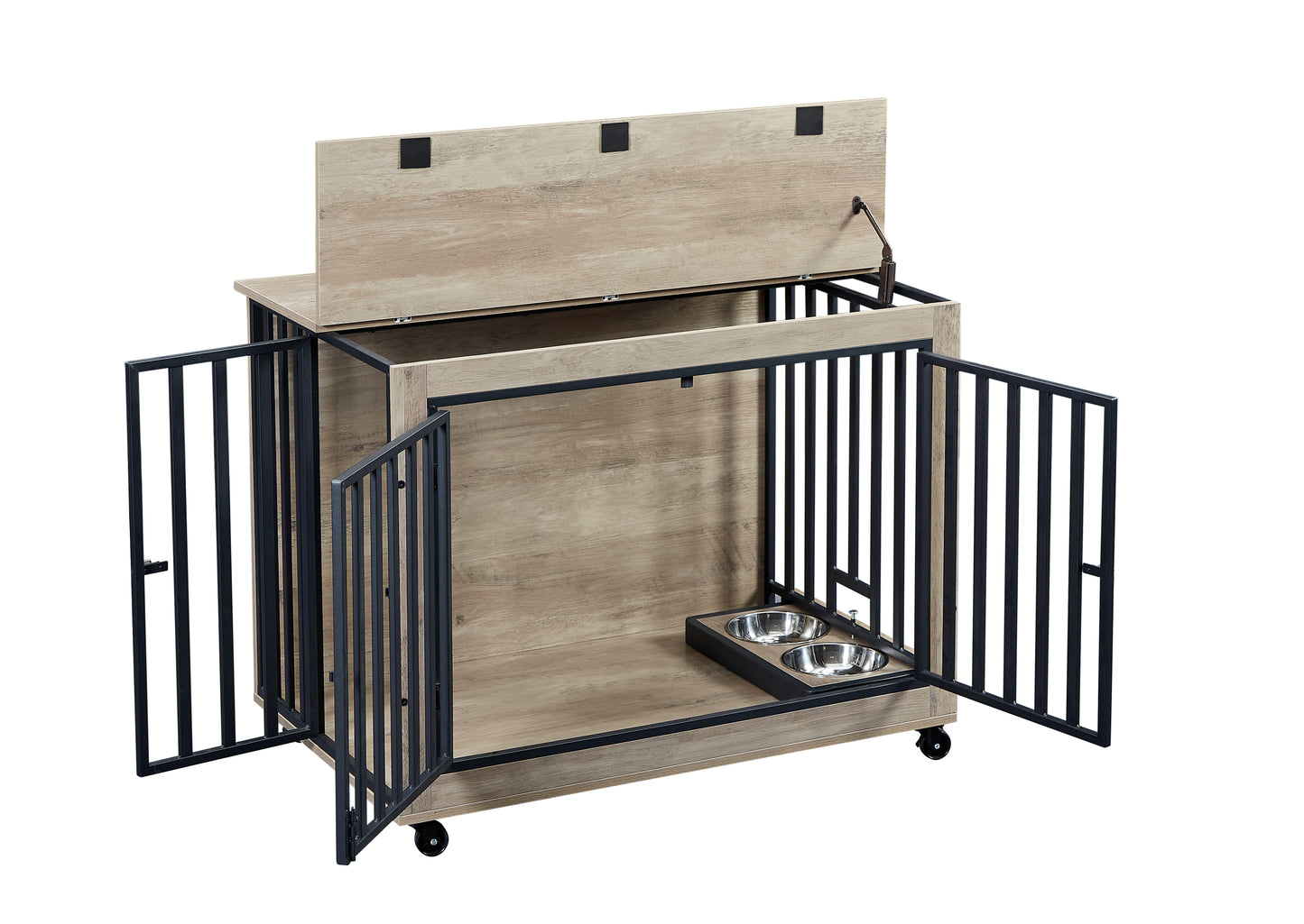 Chic Dog Crate Table with Feeding Bowl & Wheels