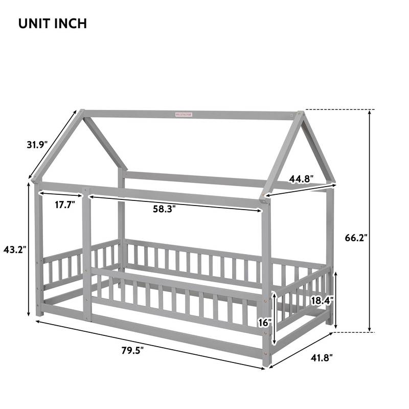 Cozy House-Style Twin Bed with Guardrails in Grey