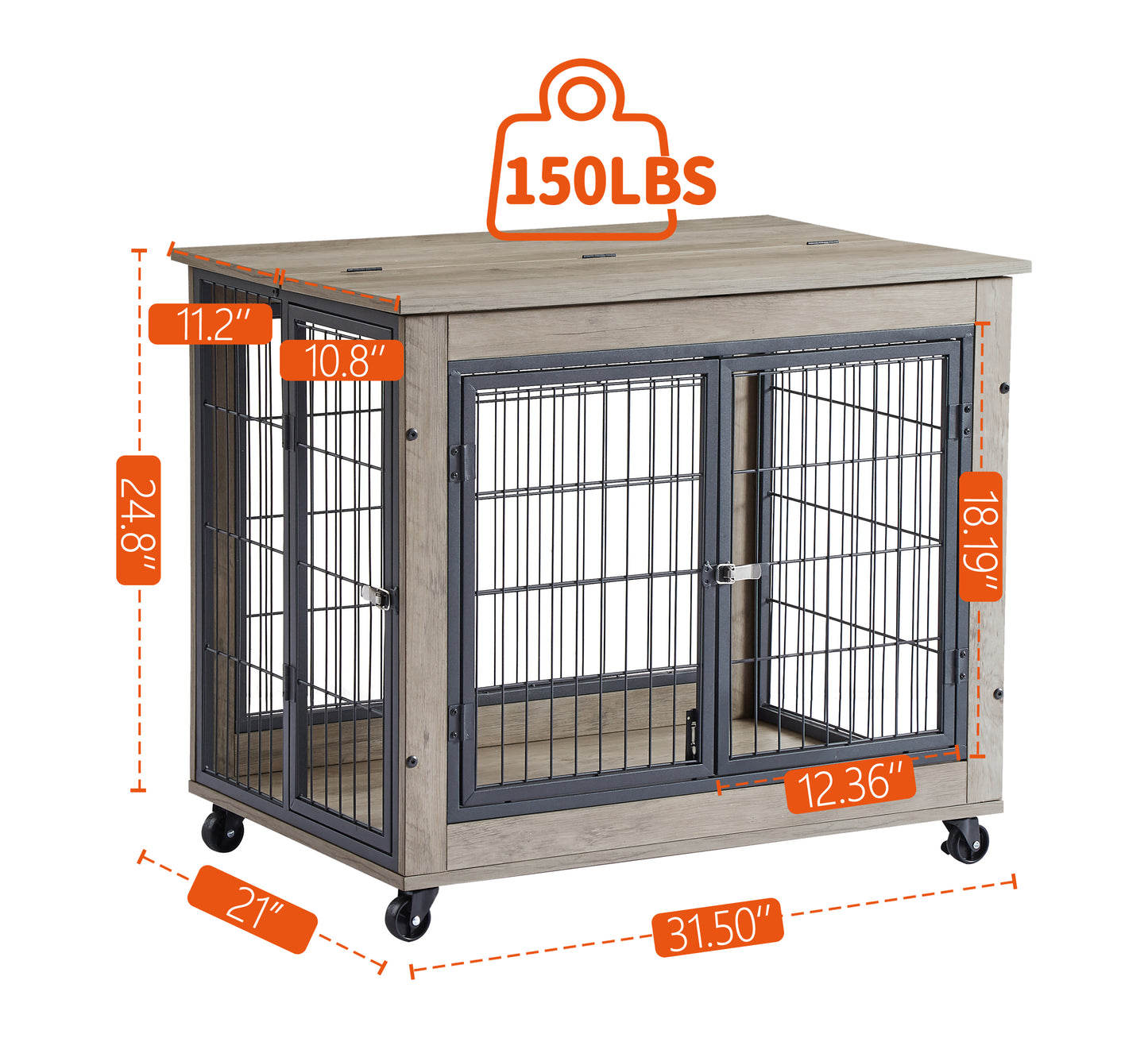 Stylish Rolling Dog Crate with Double Doors