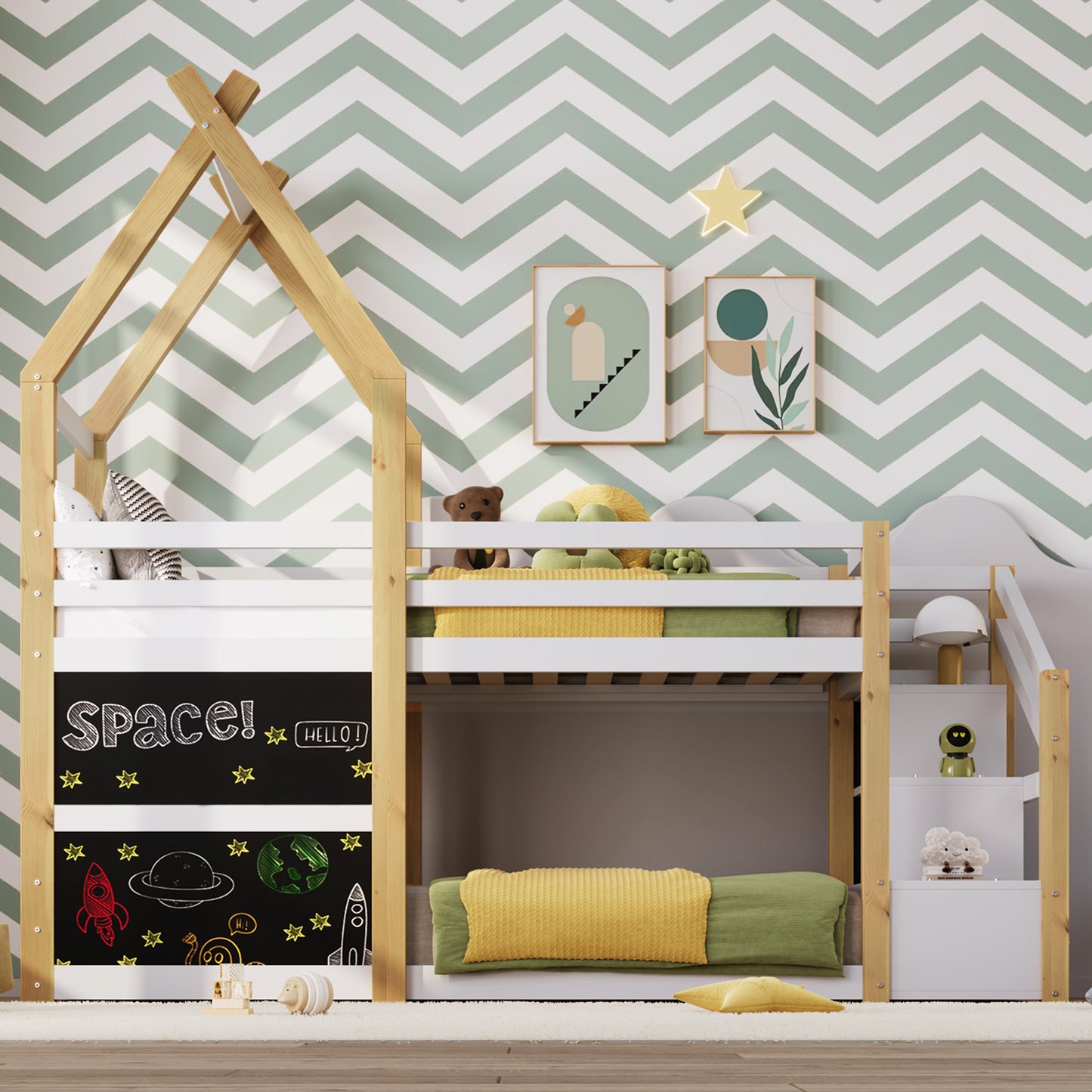 Cozy Twin House Bunk Bed with Storage Steps & 2 Fun Blackboards