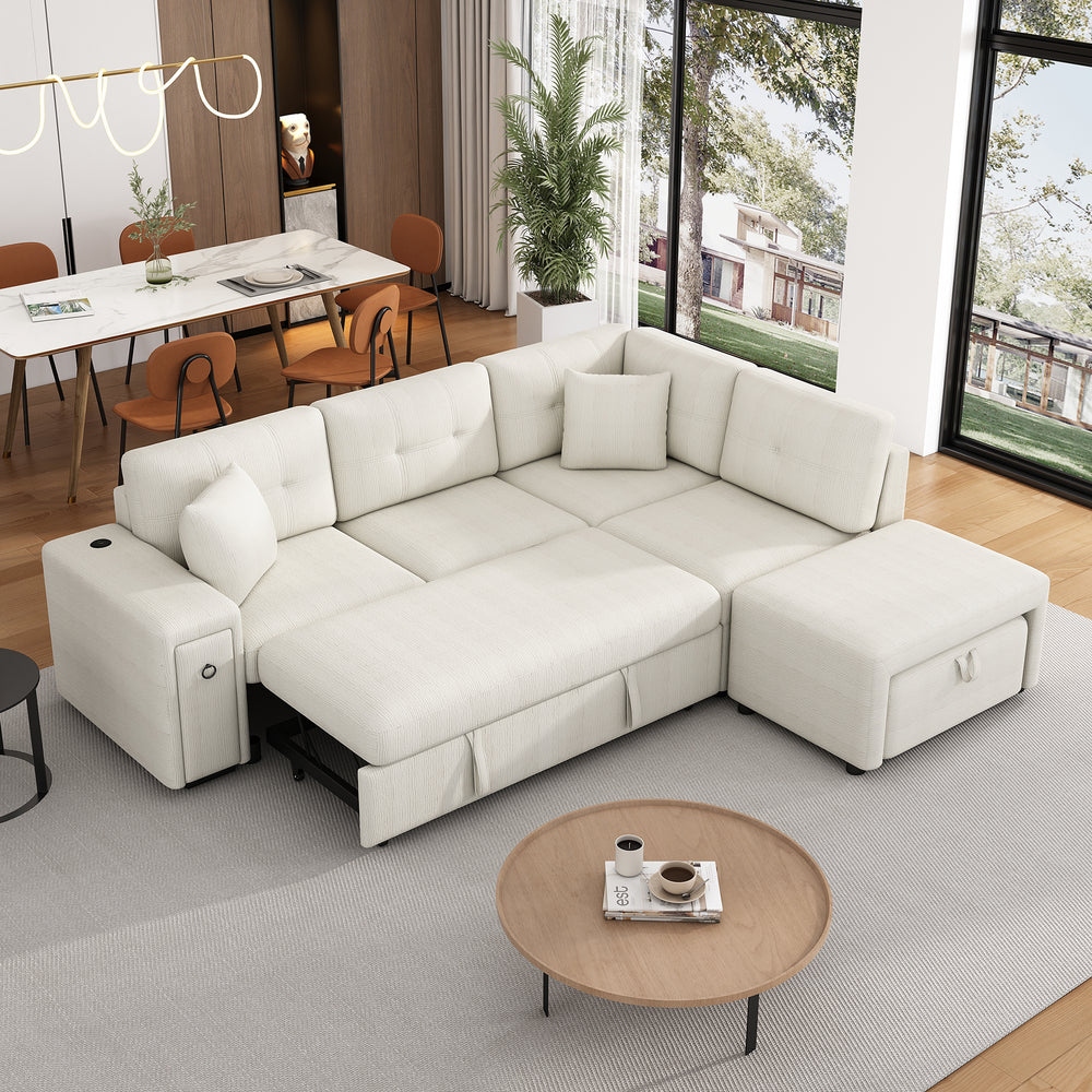 Haven L-Shaped Sofa Bed with Ottoman & USB Ports - Beige