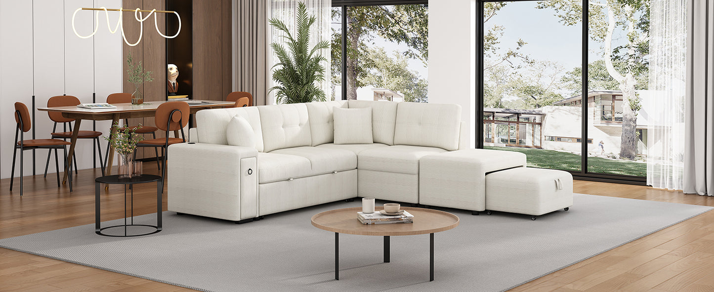 Haven L-Shaped Sofa Bed with Ottoman & USB Ports - Beige