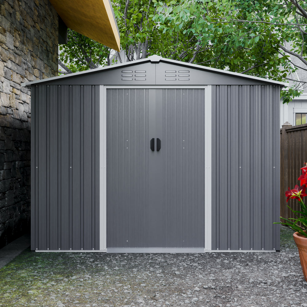 Gray Outdoor Tool Shed – Weatherproof Storage with Lockable Doors