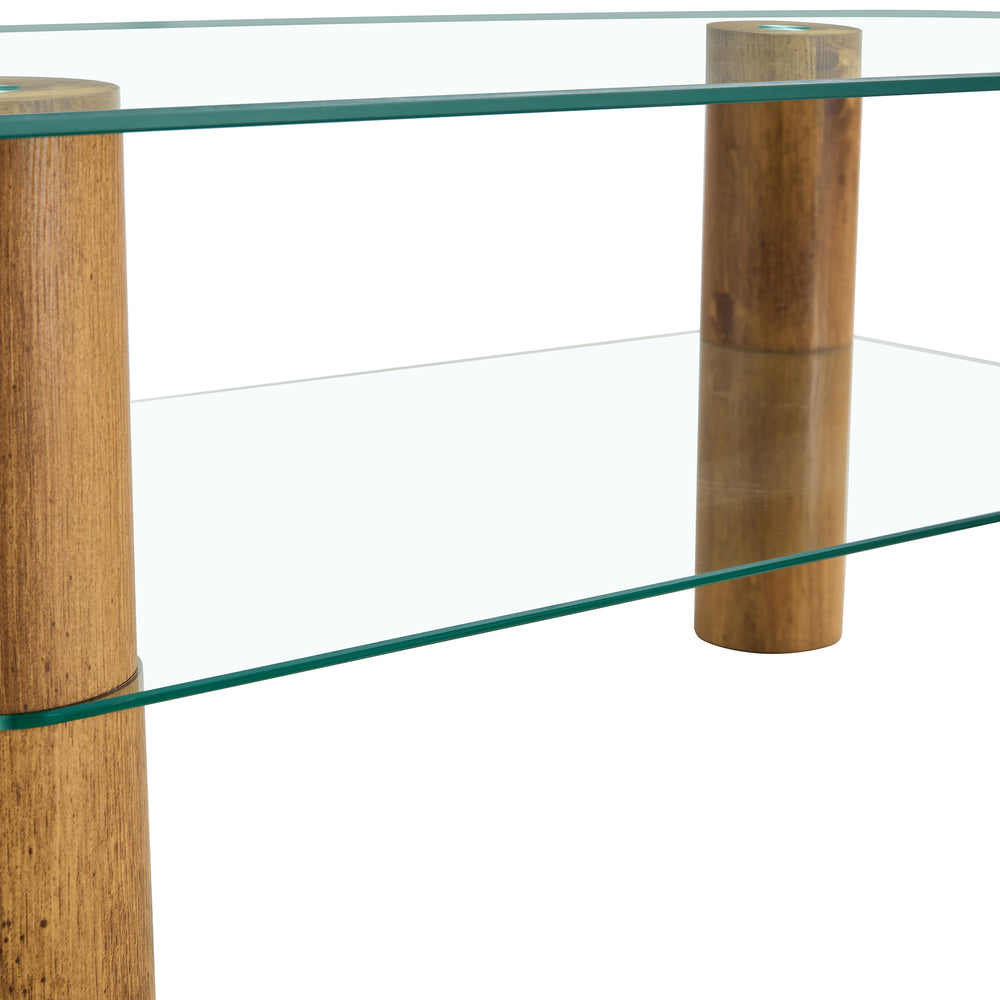 Sleek Dual-Layer Glass Coffee Table with Wooden Accents