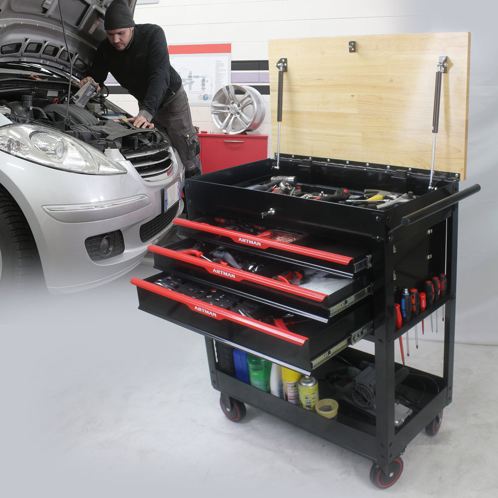 Rolling Tool Cart with Wooden Top and Storage Drawers