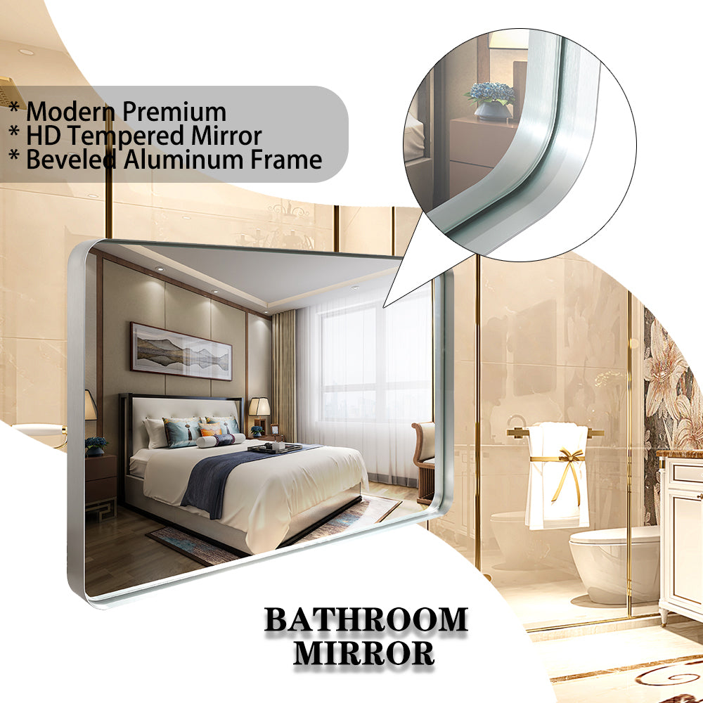 Sleek Silver Rounded Bathroom Mirror