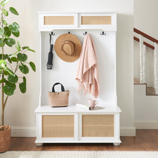 “Chic White Entryway Bench with Rattan Shelves and Shoe Storage”