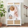 “Chic White Entryway Bench with Rattan Shelves and Shoe Storage”