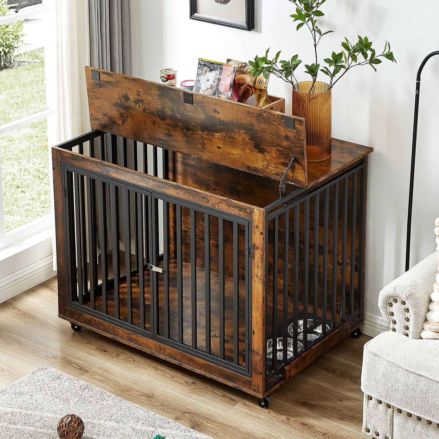 Rustic Dog Crate Side Table with Feeding Bowl and Wheels