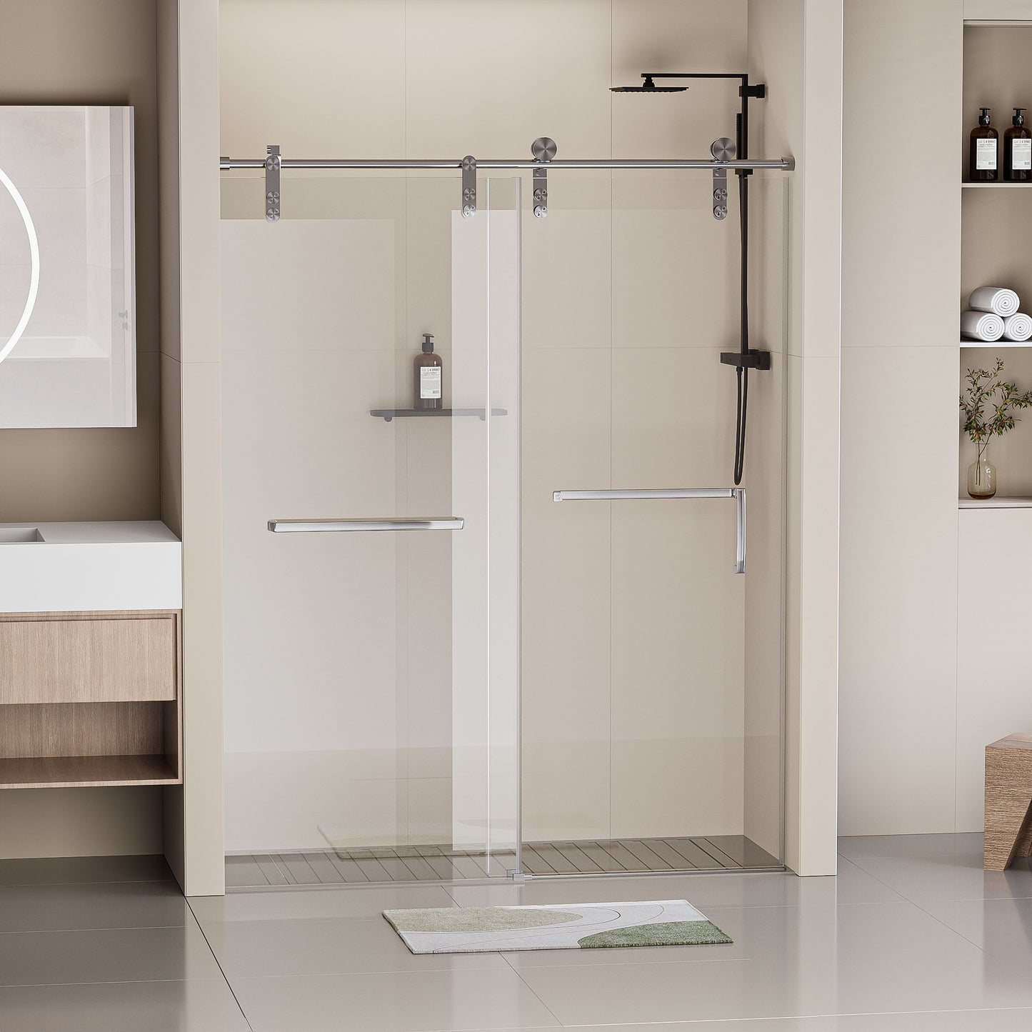 Sleek Sliding Frameless Shower Door with Tempered Glass and Brushed Nickel Hardware