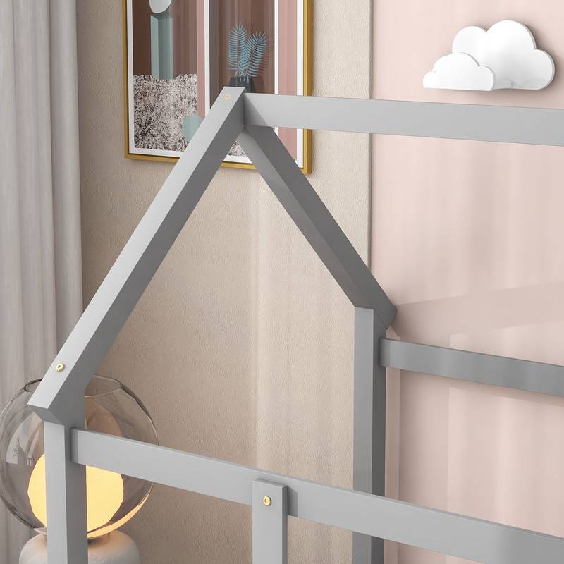 Cozy House-Style Twin Bed with Guardrails in Grey
