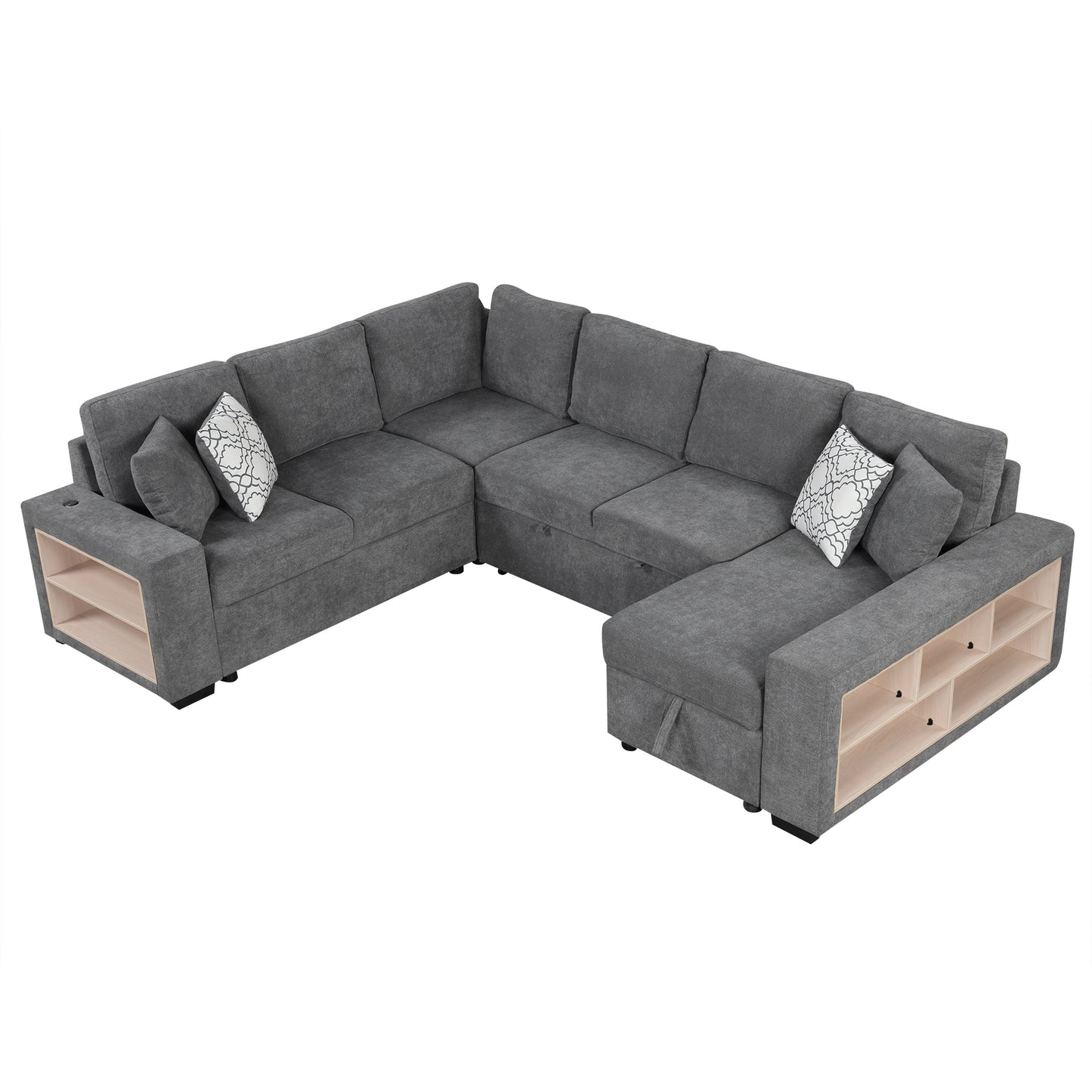 Cozy U-Shaped Sofa Bed with USB Ports & Storage Chaise