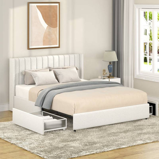 Ivory Boucle Tufted Storage Bed