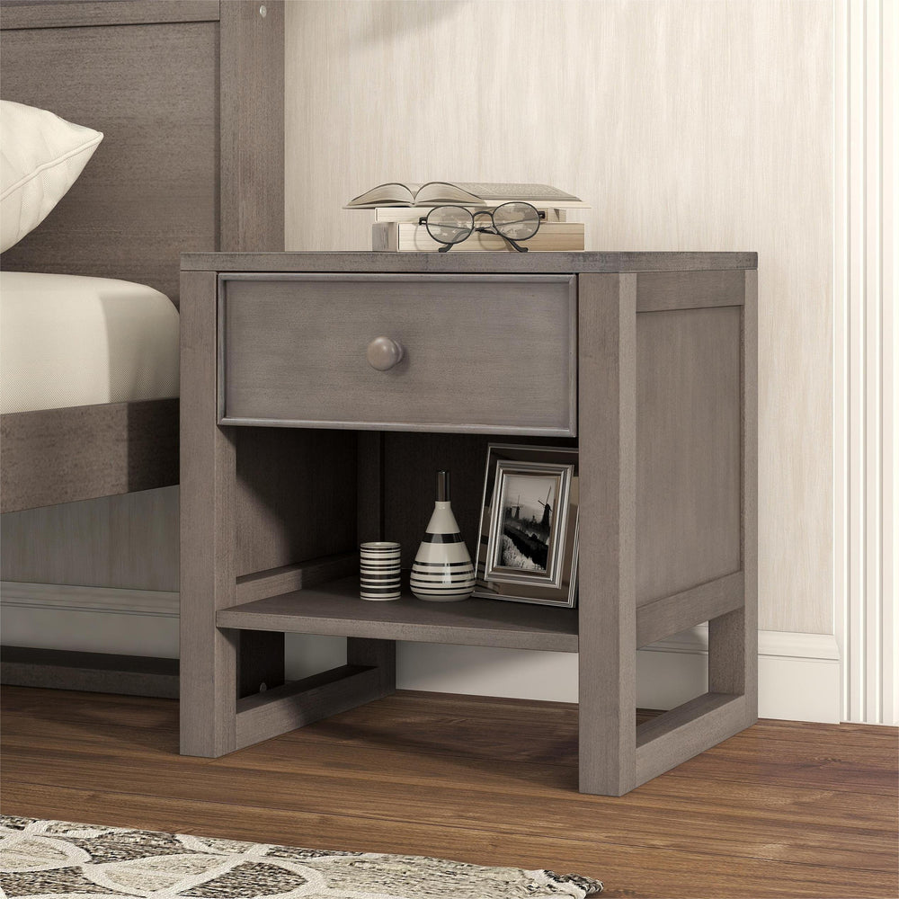 Charming Gray Wooden Nightstand with Drawer and Open Shelf