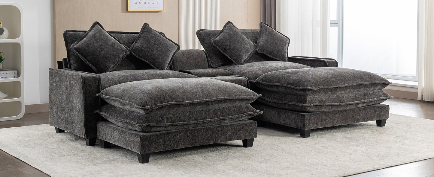 Cozy Black Chenille Sectional Sofa with Ottomans and USB Ports