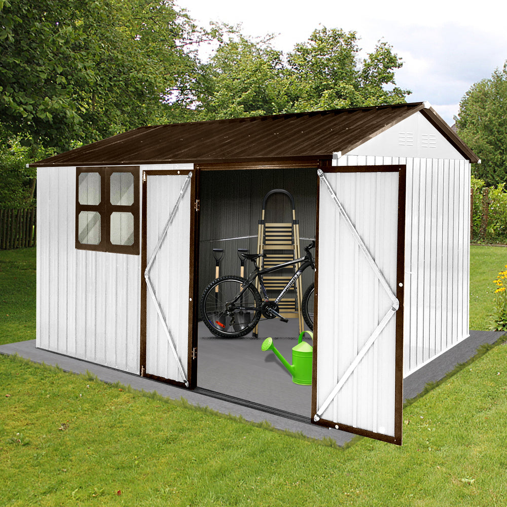 Chic White and Coffee Garden Shed with Windows