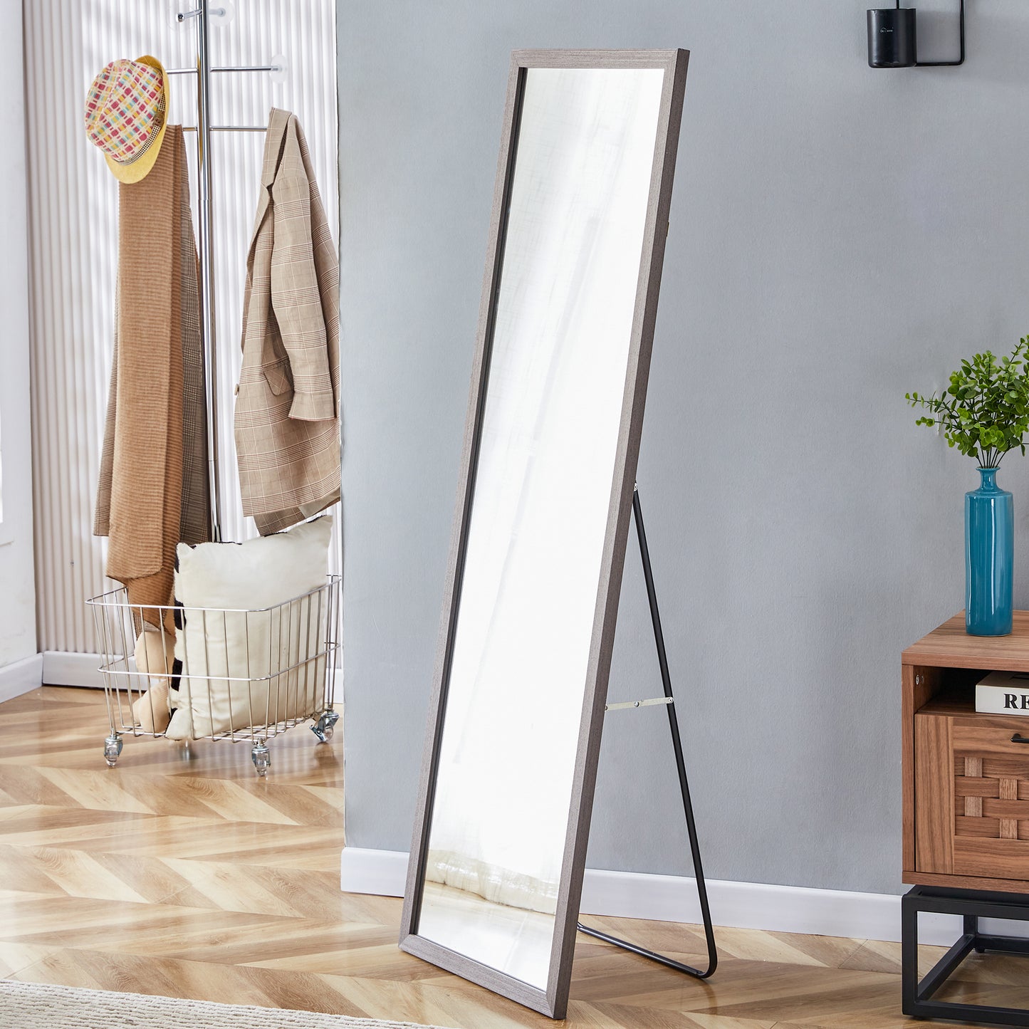 Elegant Gray Wood Framed Full-Length Mirror