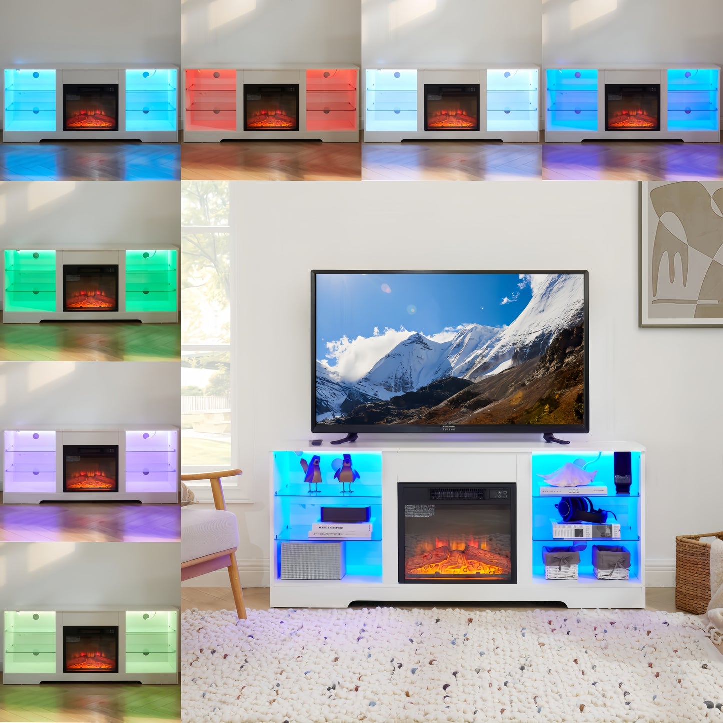 Modern Electric Fireplace TV Stand with LED Lights and USB Charging