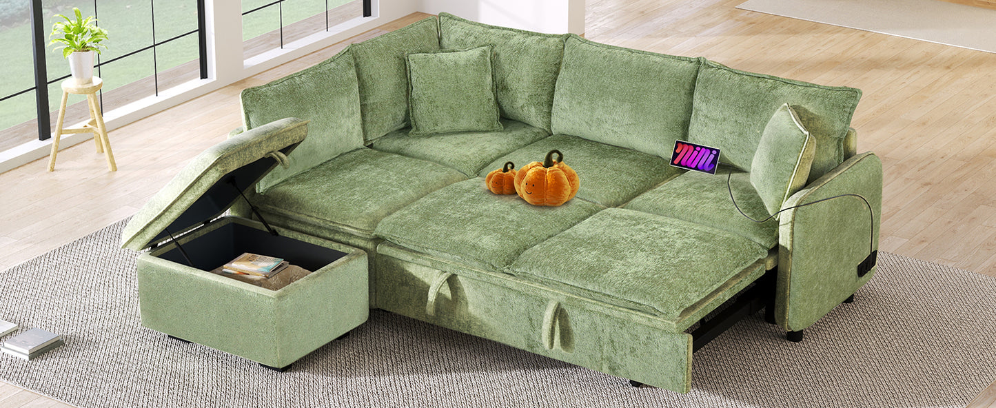 Cozy Green Convertible Sofa Bed with Storage & USB Charging