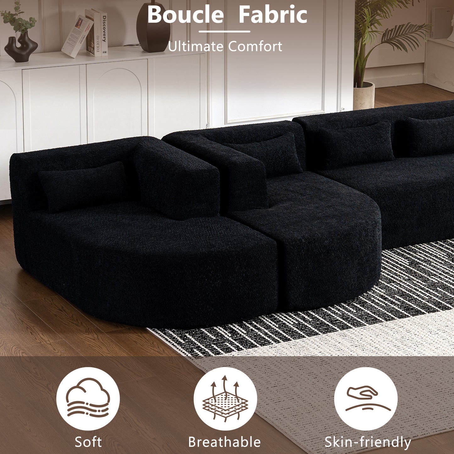 Chic Black Modular Sofa with Loungers and Plush Pillows