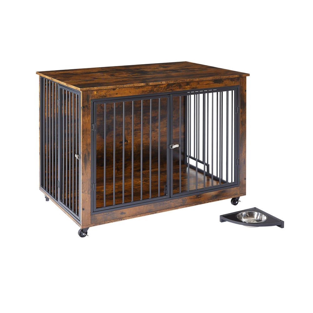 Rustic Dog Den & Side Table with Feeding Bowl