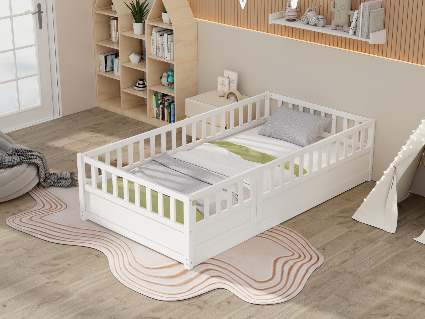 Cozy Montessori Twin Floor Bed with Safe Barrier