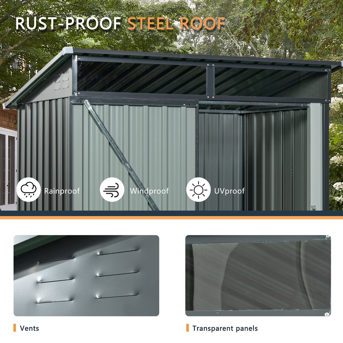 Gray Outdoor Metal Storage Shed with Clear Panels