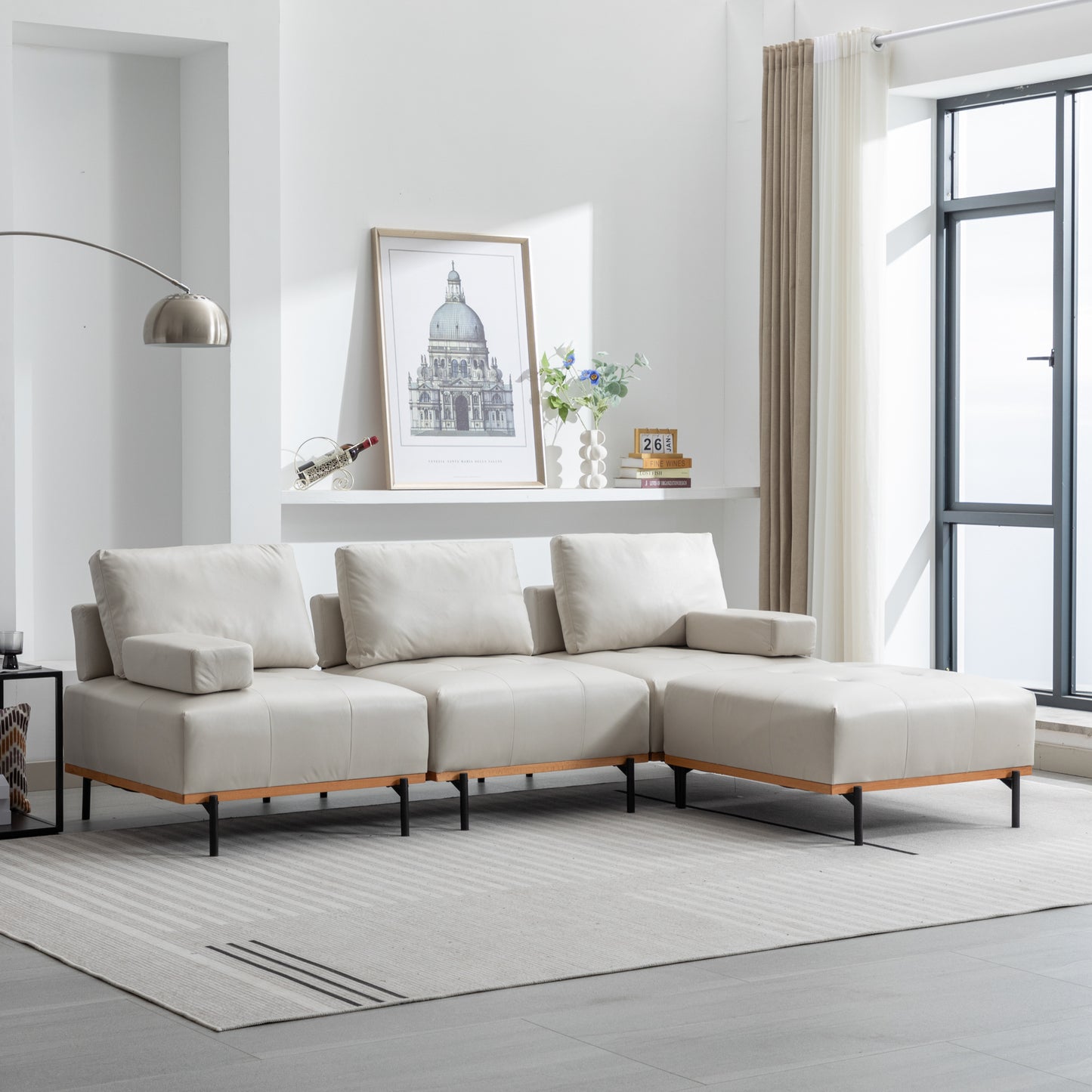 Cozy L-Shaped Sectional Sofa with Ottoman - Plush Beige Comfort for Your Living Room