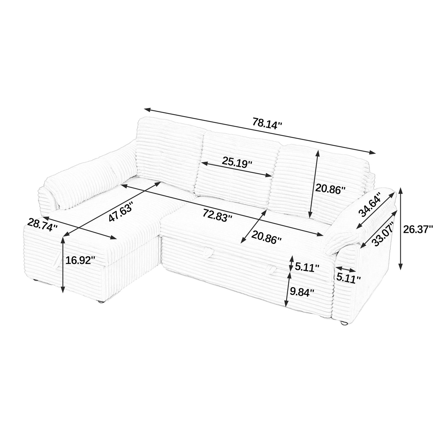 Cozy Convertible Corduroy Sectional Sofa with Storage and Recline