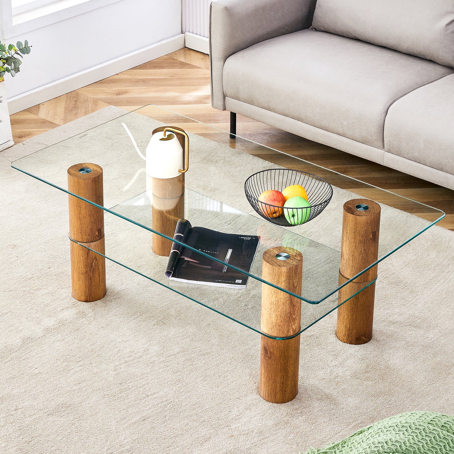 Sleek Dual-Layer Glass Coffee Table with Wooden Accents