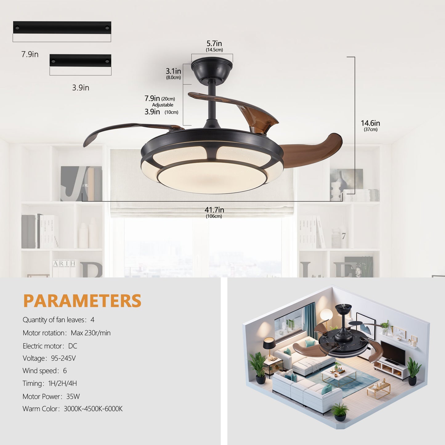 Sleek Retractable Ceiling Fan Light