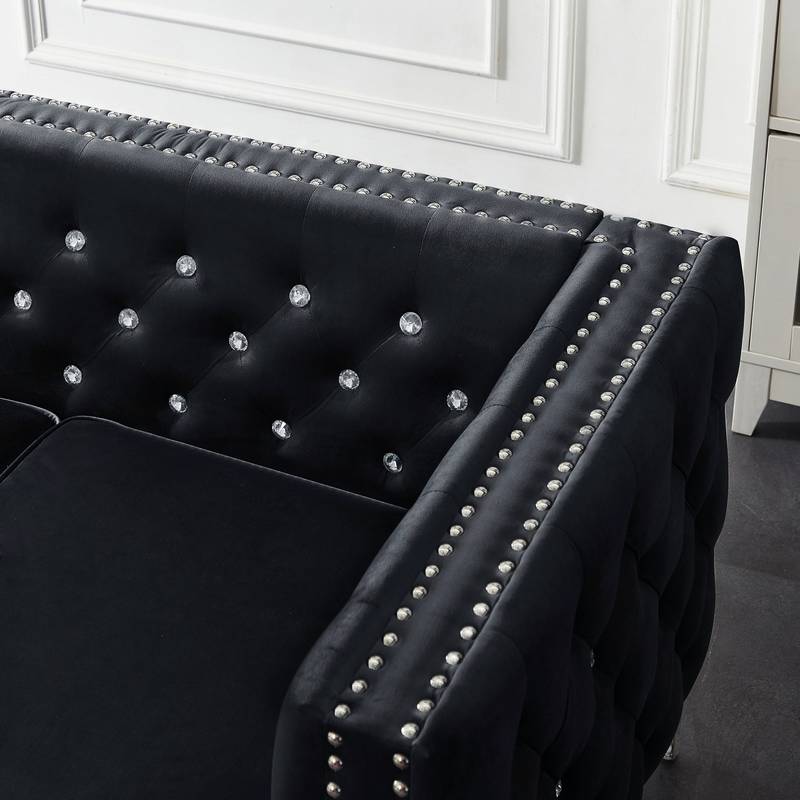 Luxurious Black Velvet Jewel Button Sofa with Pillows