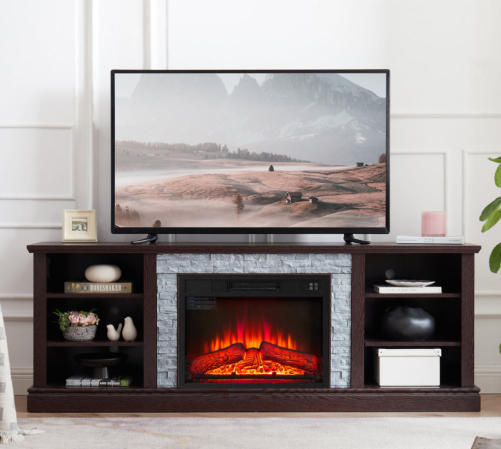 Cozy Cherry TV Stand with Faux Stone and Fireplace